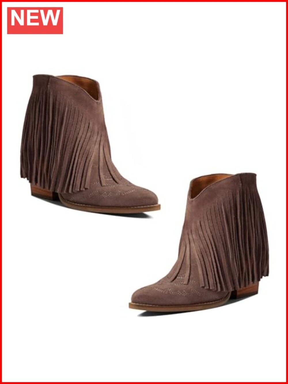 Suede Tassel Western Ankle Booties Pointed Toe Chunky Stacked Heel Zip Fringe